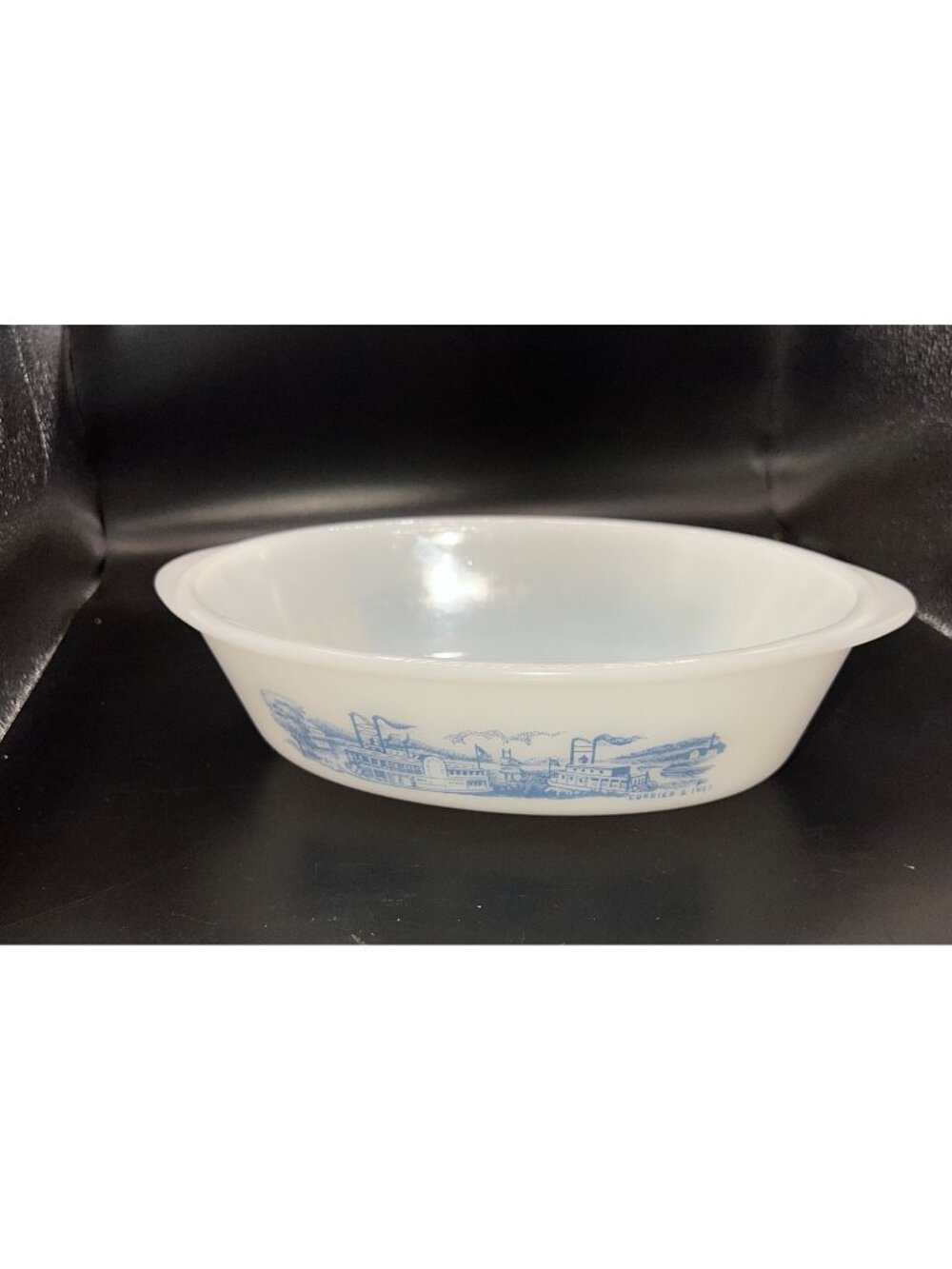 Glasbake Currier & Ives Oval Casserole Dish Blue Steamboat  1 Qt Milk Glass VTG